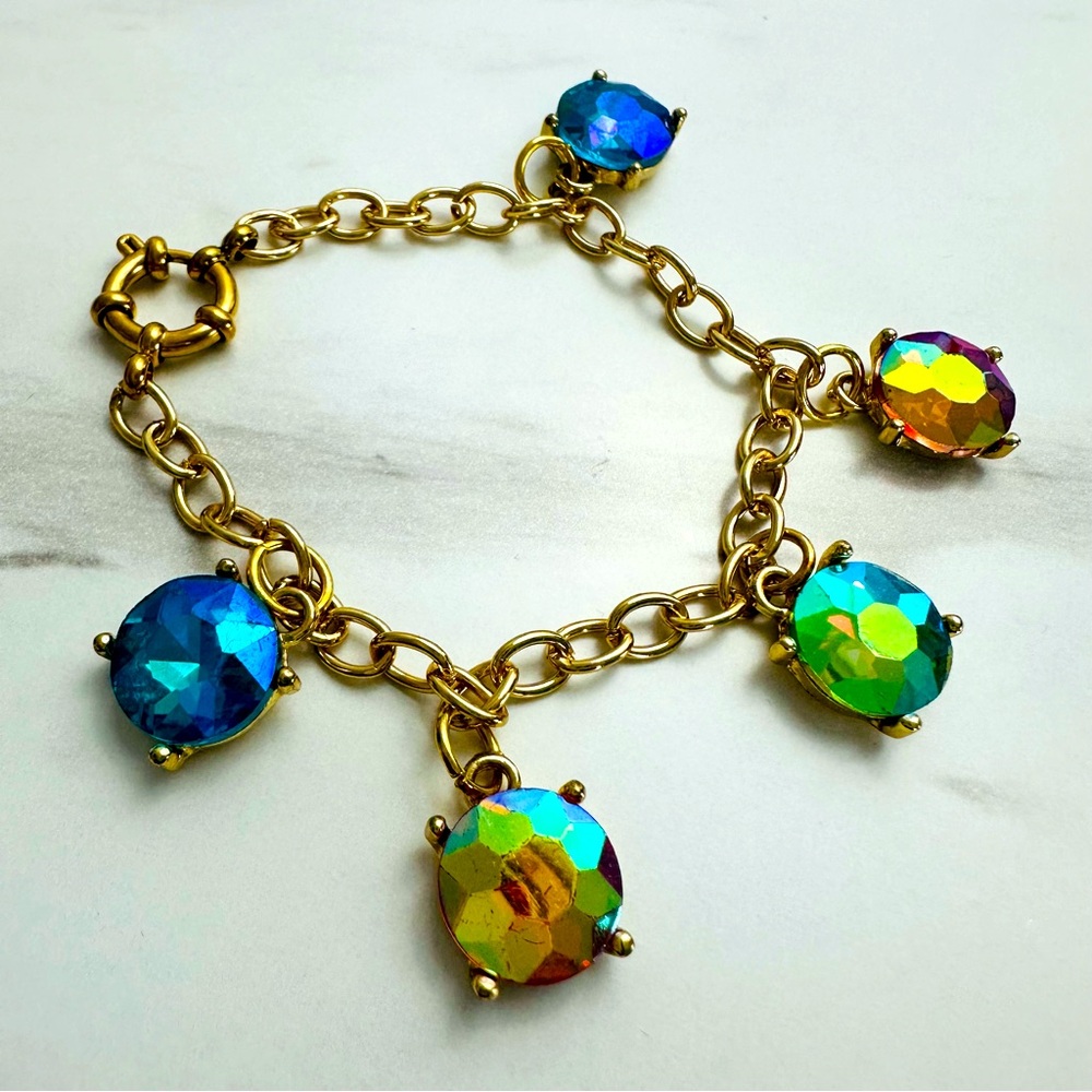 Handmade Gold Tone Charm Bracelet with Rainbow & Blue Crystal Dangles
